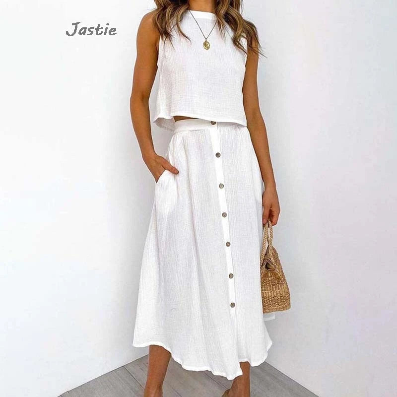 Summer Outfits For Women 2023 New Casual Cotton Linen Suit Loose Sleeveless Vest Single-breasted Skirt 2 Piece Set Women Outfit