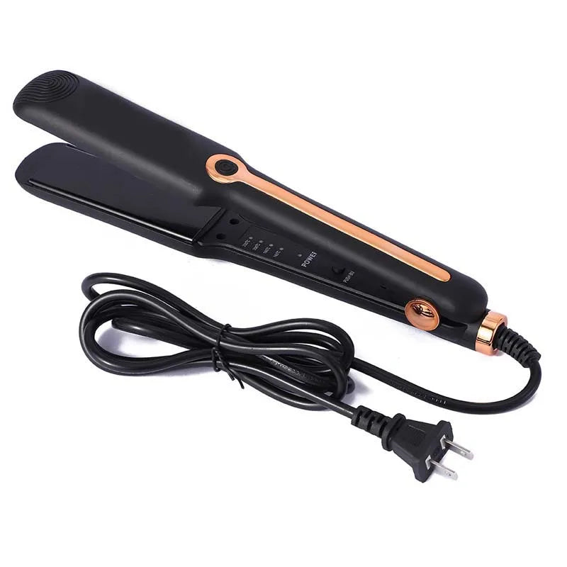Professional black and rose gold ceramic hair straightener with wide plates and adjustable digital temperature control, featuring a 360-degree rotatable power cord.
