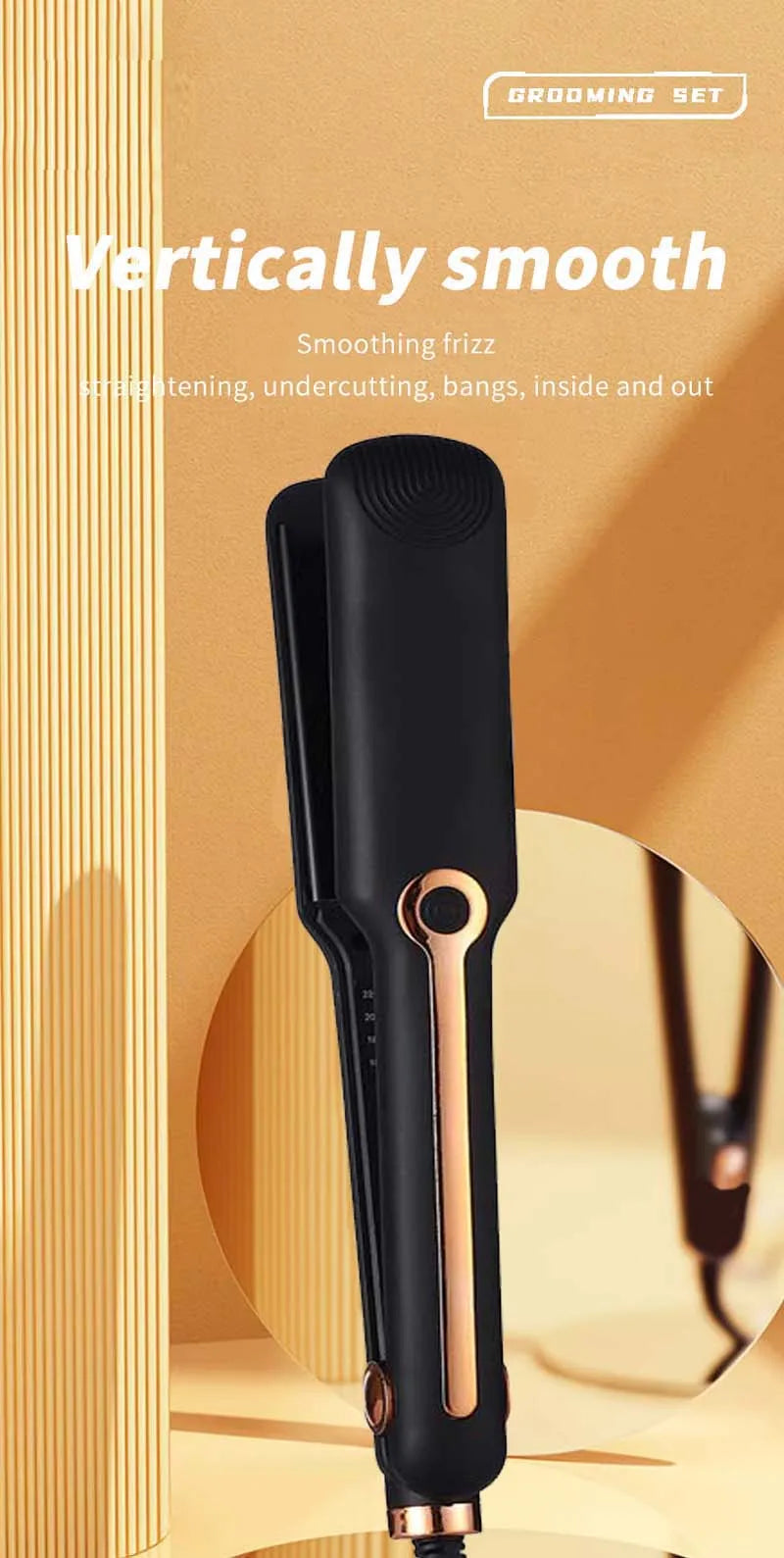 Professional ceramic hair straightener with wide plates, adjustable temperature, and negative ion technology for smooth, frizz-free styling.