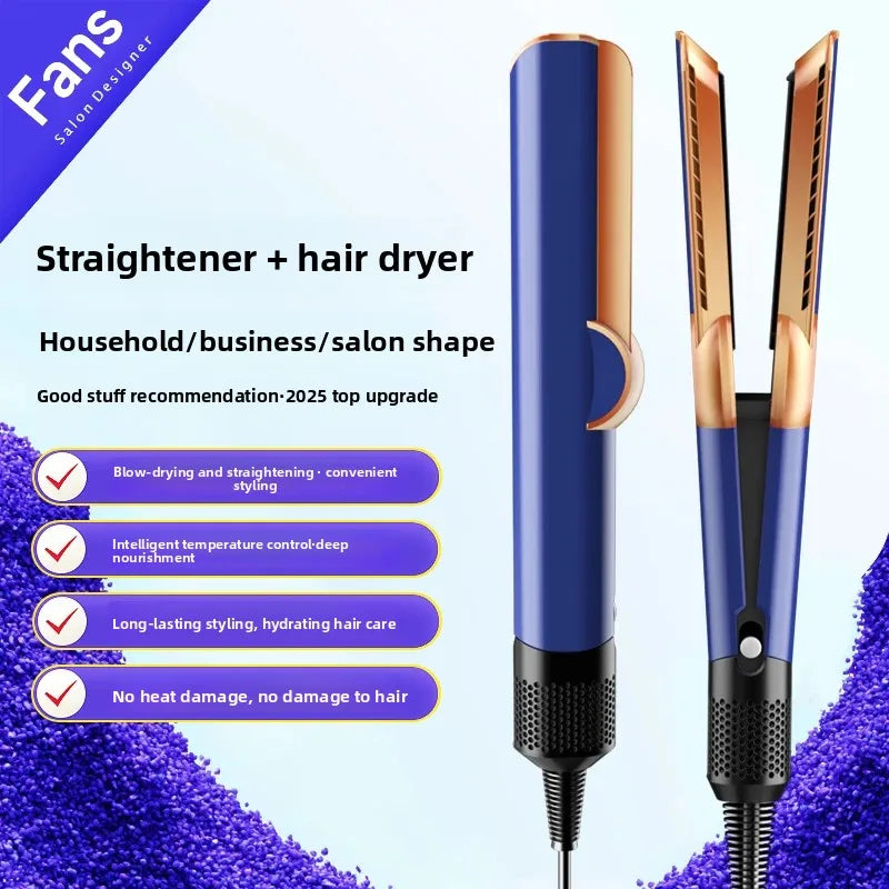 Blue and gold hair straightener and hair dryer with ceramic heating and temperature control for long-lasting styling and hair care