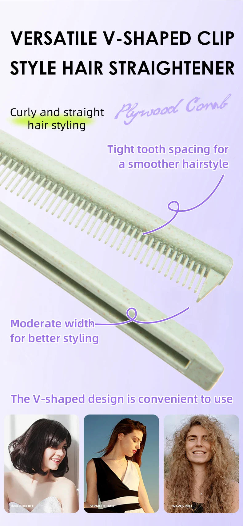 Wheat straw V-shaped flat comb with tight tooth spacing for smooth hair straightening and styling.