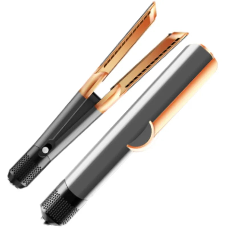 Sleek black and gold hair straightener with ceramic plates and integrated hair dryer function for professional styling and long-lasting smooth hair.