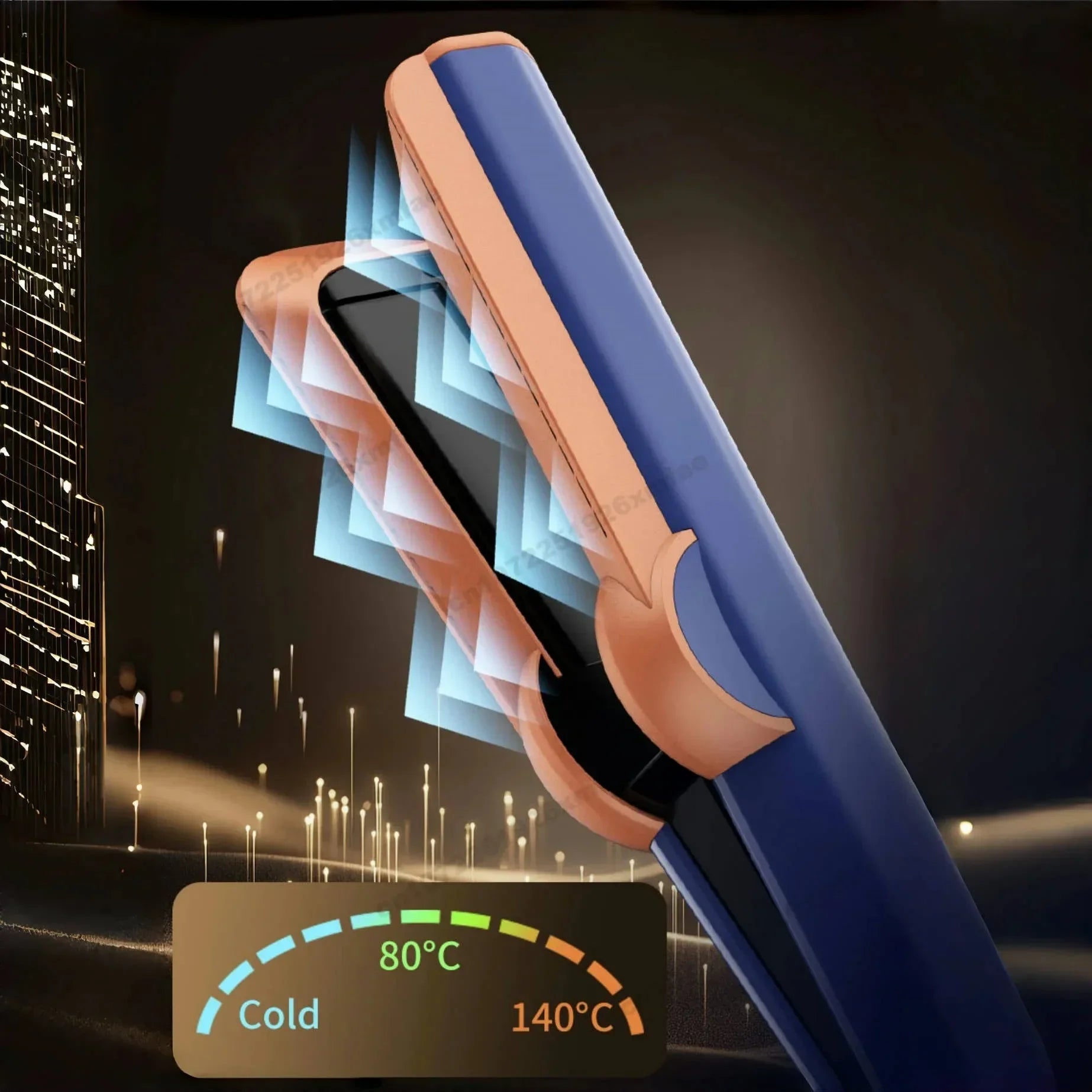 Blue and rose gold hair straightener with ceramic plates and adjustable temperature control from 80°C to 140°C