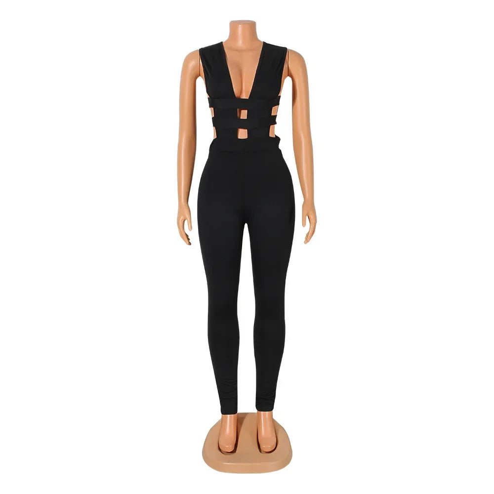 Women Sexy Jumpsuits Party Prom Nightclub V-neck Sleeveless Lady Solid Banquet Hollow New Splicing Tight Spring Summer Jumpsuit