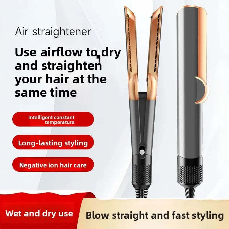 Hair straightener and dryer with airflow for simultaneous drying and straightening, negative ion technology, and long-lasting styling.