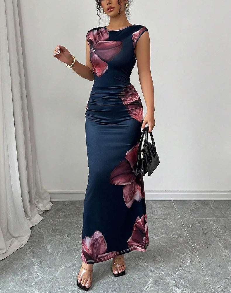 Women’s sleeveless sexy bodycon maxi dress with floral print and O-neck, ankle-length slim fit for summer parties