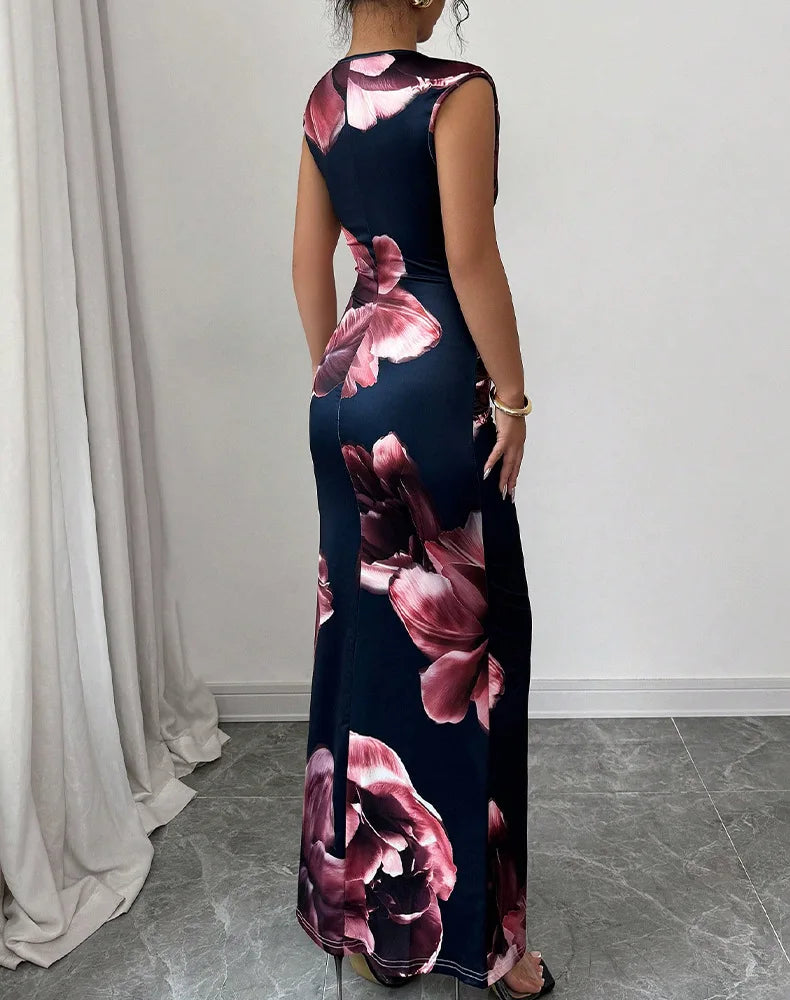 Sexy bodycon sleeveless maxi dress for women with pink floral pattern and O-neck design, slim fit for summer parties