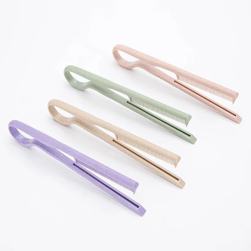 Set of colorful wheat straw V-shaped flat combs for hair styling and straightening.