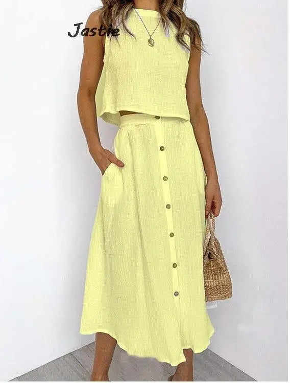 Summer Outfits For Women 2023 New Casual Cotton Linen Suit Loose Sleeveless Vest Single-breasted Skirt 2 Piece Set Women Outfit
