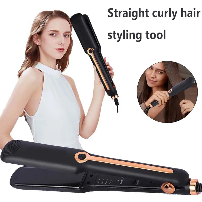Professional ceramic hair straightener with wide tourmaline plates and adjustable temperature for straight and curly styling