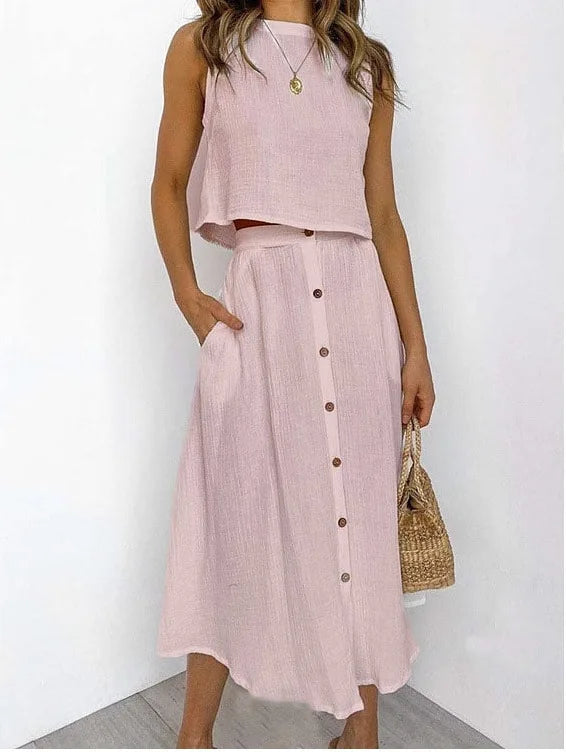 Summer Outfits For Women 2023 New Casual Cotton Linen Suit Loose Sleeveless Vest Single-breasted Skirt 2 Piece Set Women Outfit