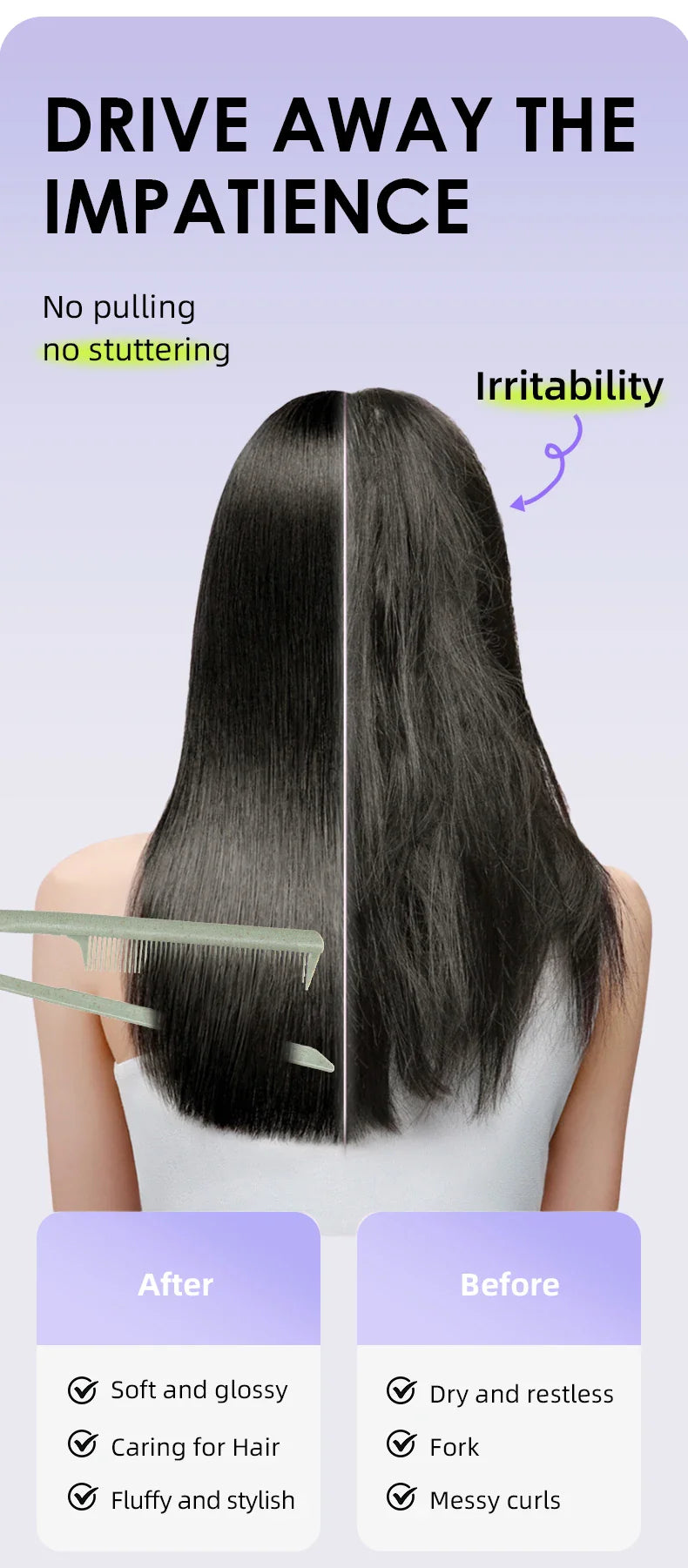 Wheat Straw V-shaped Flat Comb showing smooth glossy hair after use compared to dry messy hair before use