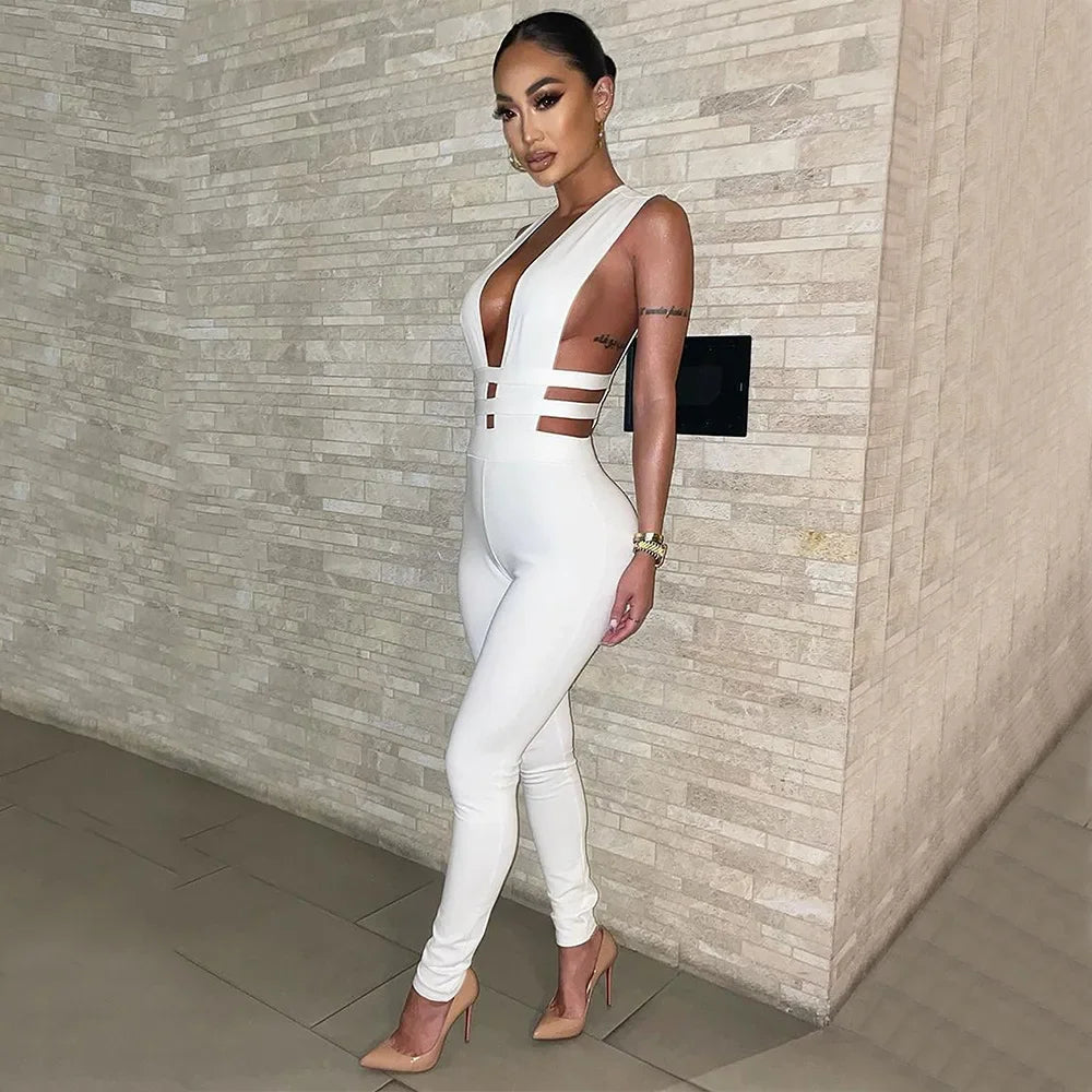 Women Sexy Jumpsuits Party Prom Nightclub V-neck Sleeveless Lady Solid Banquet Hollow New Splicing Tight Spring Summer Jumpsuit