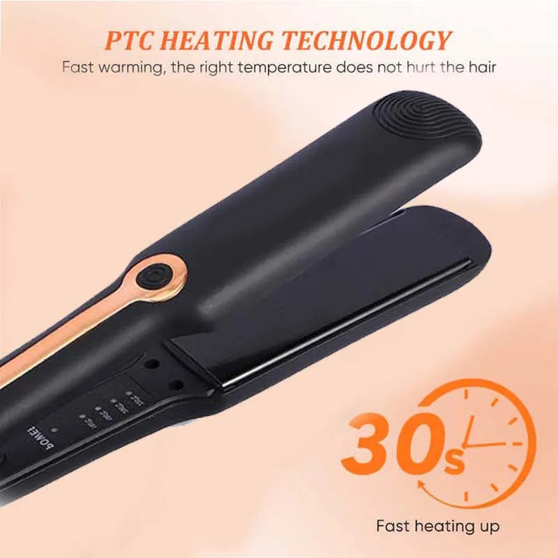 Professional ceramic hair straightener with wide tourmaline plates and adjustable digital temperature control for fast, salon-quality styling.