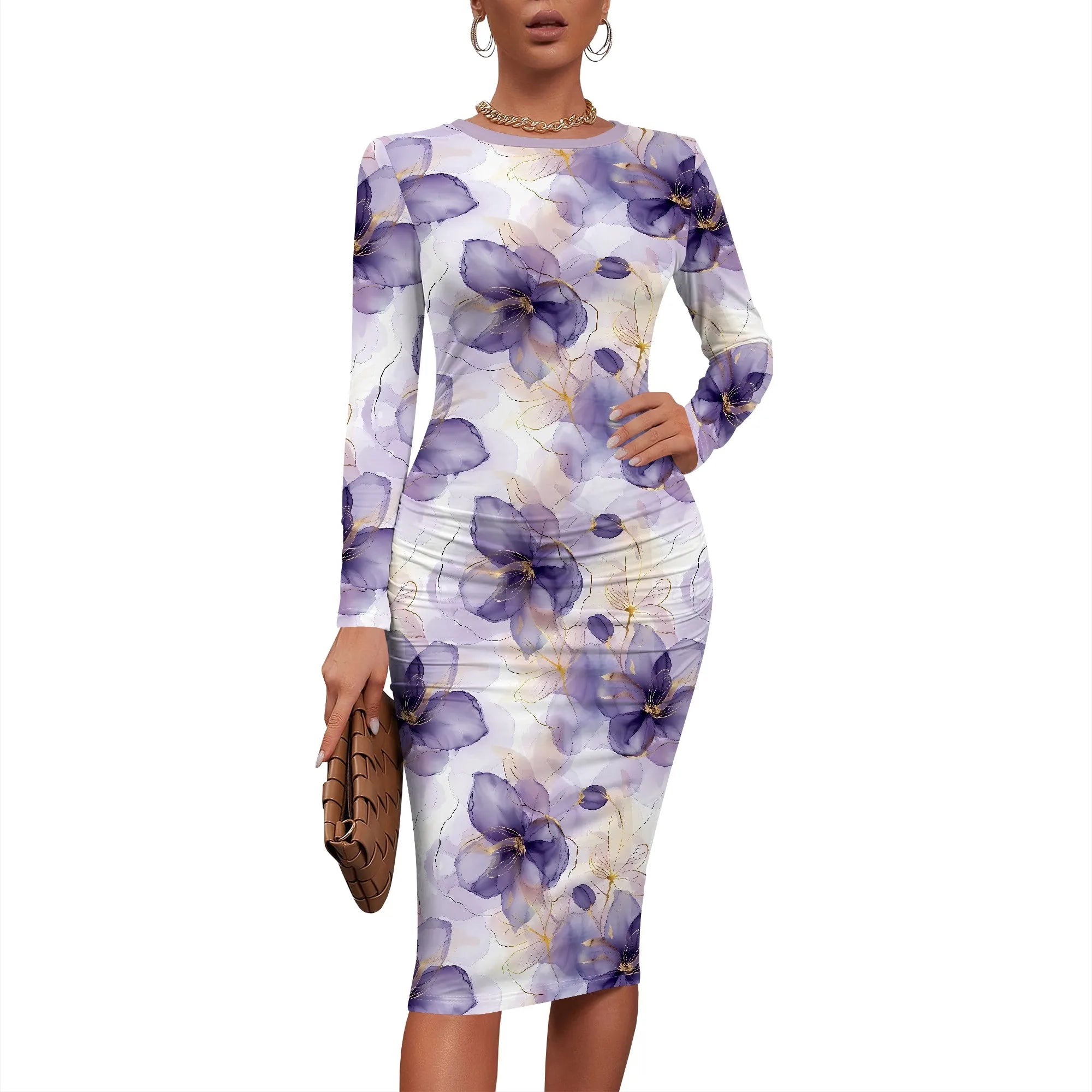 Women's Elegant Bodycon Basic Dress Ruched Sexy Bodycon Long Sleeve Crew Neck Midi Dress Work Office Pencil Dresses