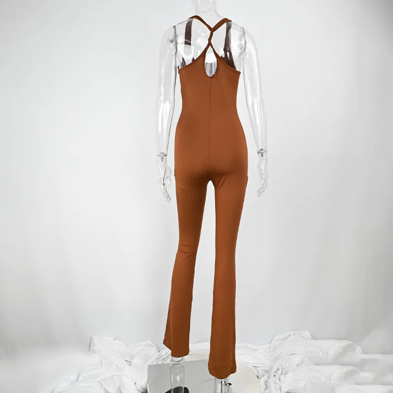 Back view of a brown sleeveless, hollow out, slim fit women's jumpsuit with flare pants and a backless design on a mannequin