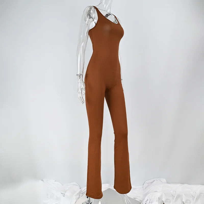 Women’s sexy sleeveless solid brown bodycon jumpsuit with slim fit and flare pants design