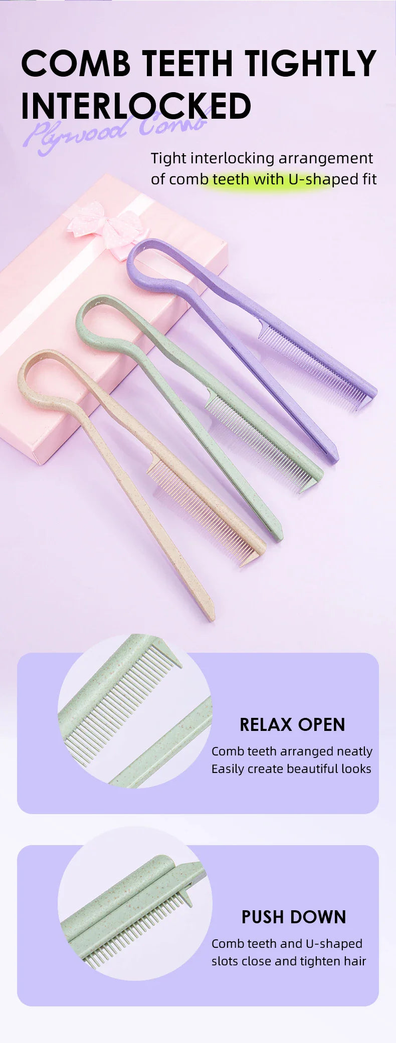 Set of colorful Wheat Straw V-shaped Flat Combs with tightly interlocked teeth for hair styling and salon use.