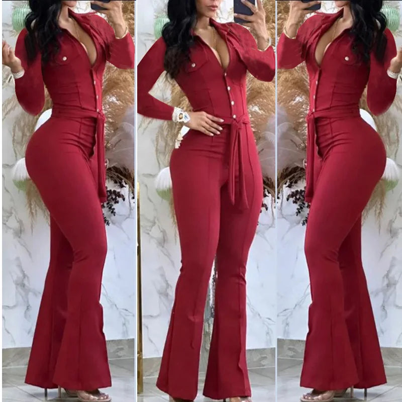 woman wearing red casual flared pants jumpsuit with button down front and belt