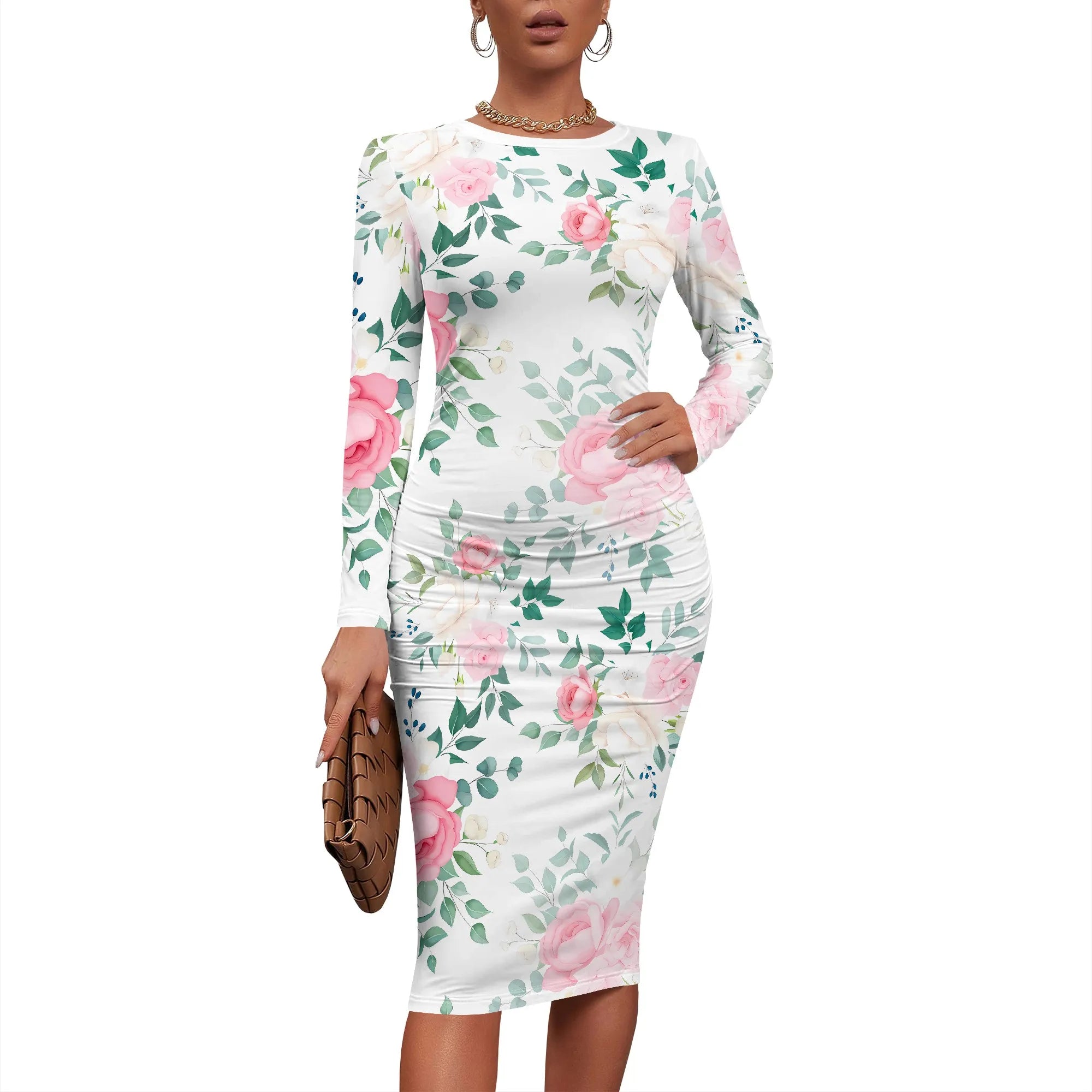Women's Elegant Bodycon Basic Dress Ruched Sexy Bodycon Long Sleeve Crew Neck Midi Dress Work Office Pencil Dresses