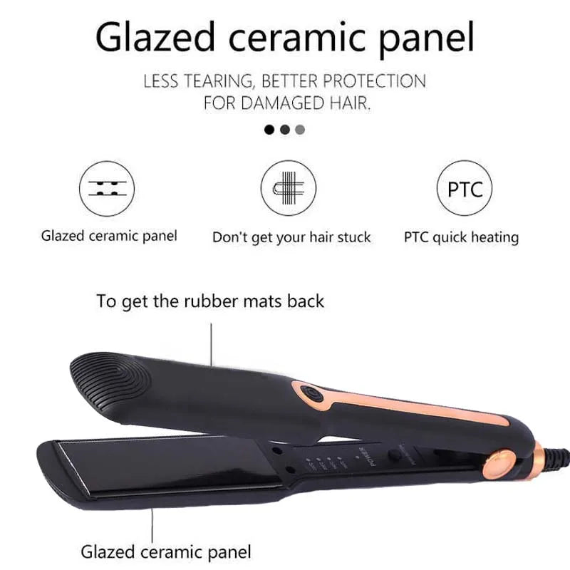 Professional black hair straightener with glazed ceramic panels and temperature control for smooth styling and hair protection