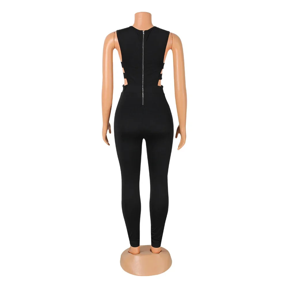Women Sexy Jumpsuits Party Prom Nightclub V-neck Sleeveless Lady Solid Banquet Hollow New Splicing Tight Spring Summer Jumpsuit