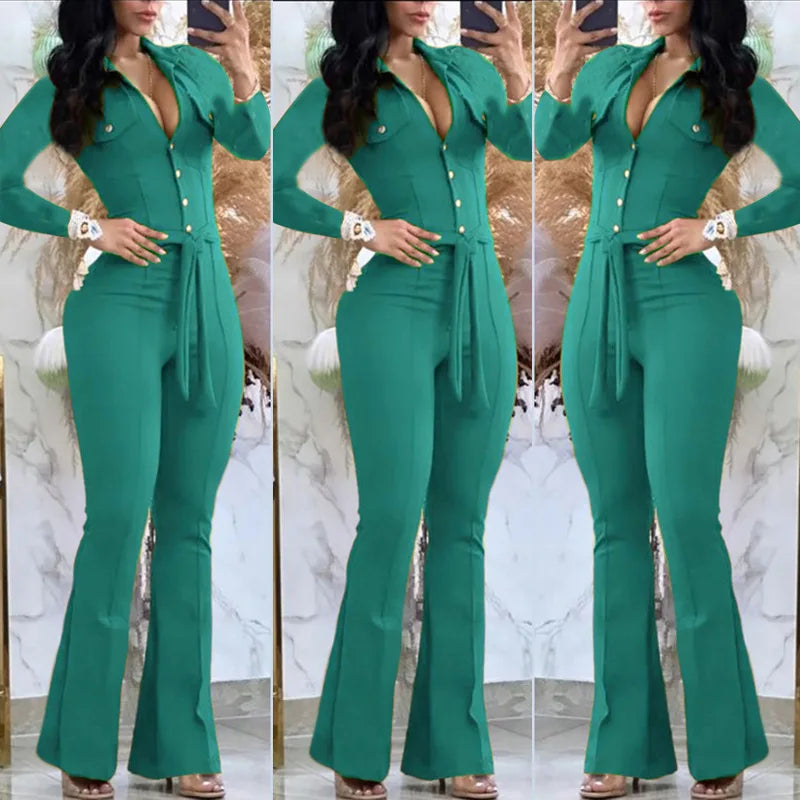 Women wearing green casual flared pants jumpsuit with button-down front and belt, styled for party or night out.