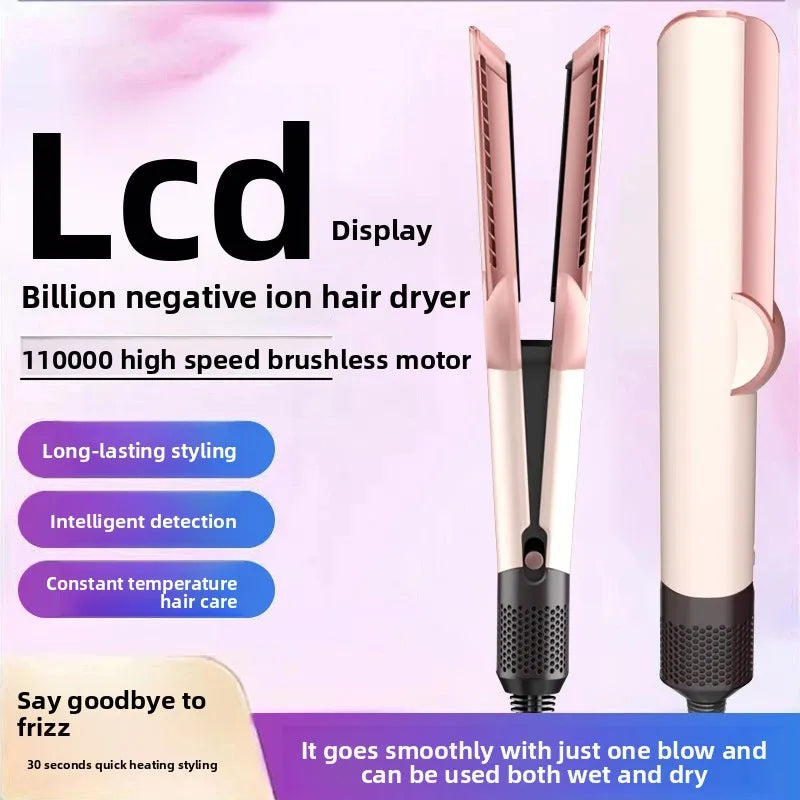Hair straightener and hair dryer with LCD display, negative ion technology, ceramic heating, long-lasting styling, intelligent temperature control, and anti-frizz features.