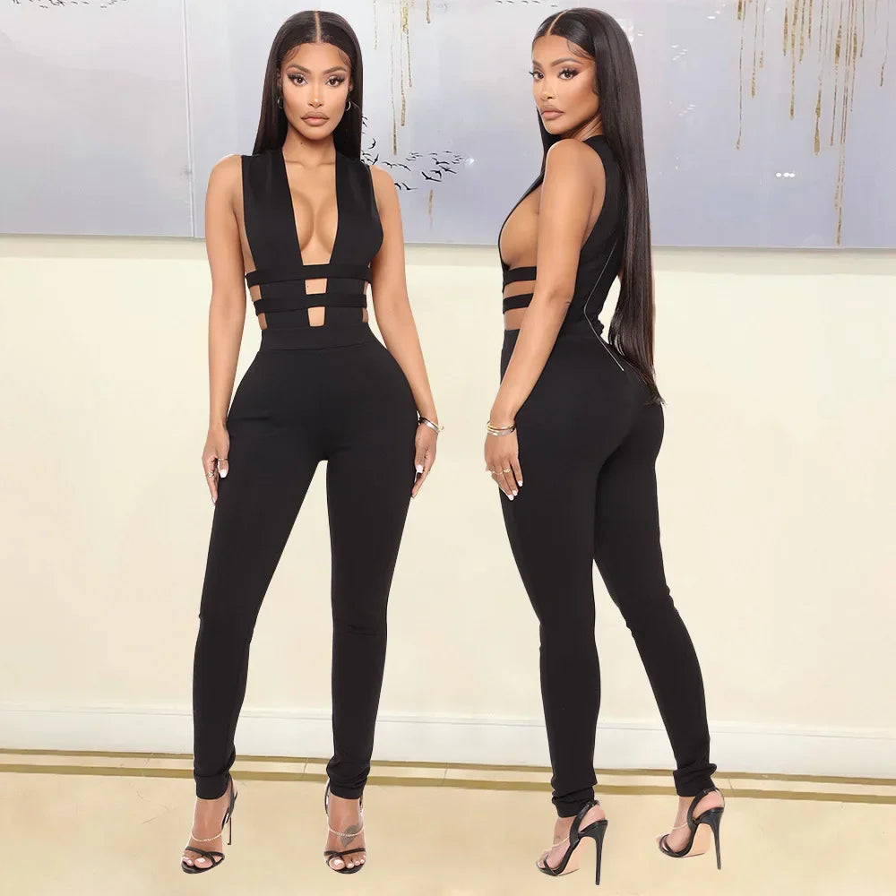 Women Sexy Jumpsuits Party Prom Nightclub V-neck Sleeveless Lady Solid Banquet Hollow New Splicing Tight Spring Summer Jumpsuit