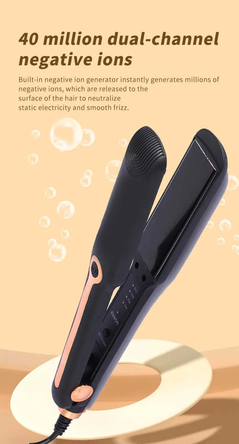 Professional ceramic hair straightener with wide tourmaline plates, adjustable temperature, and negative ion technology for smooth, frizz-free styling.