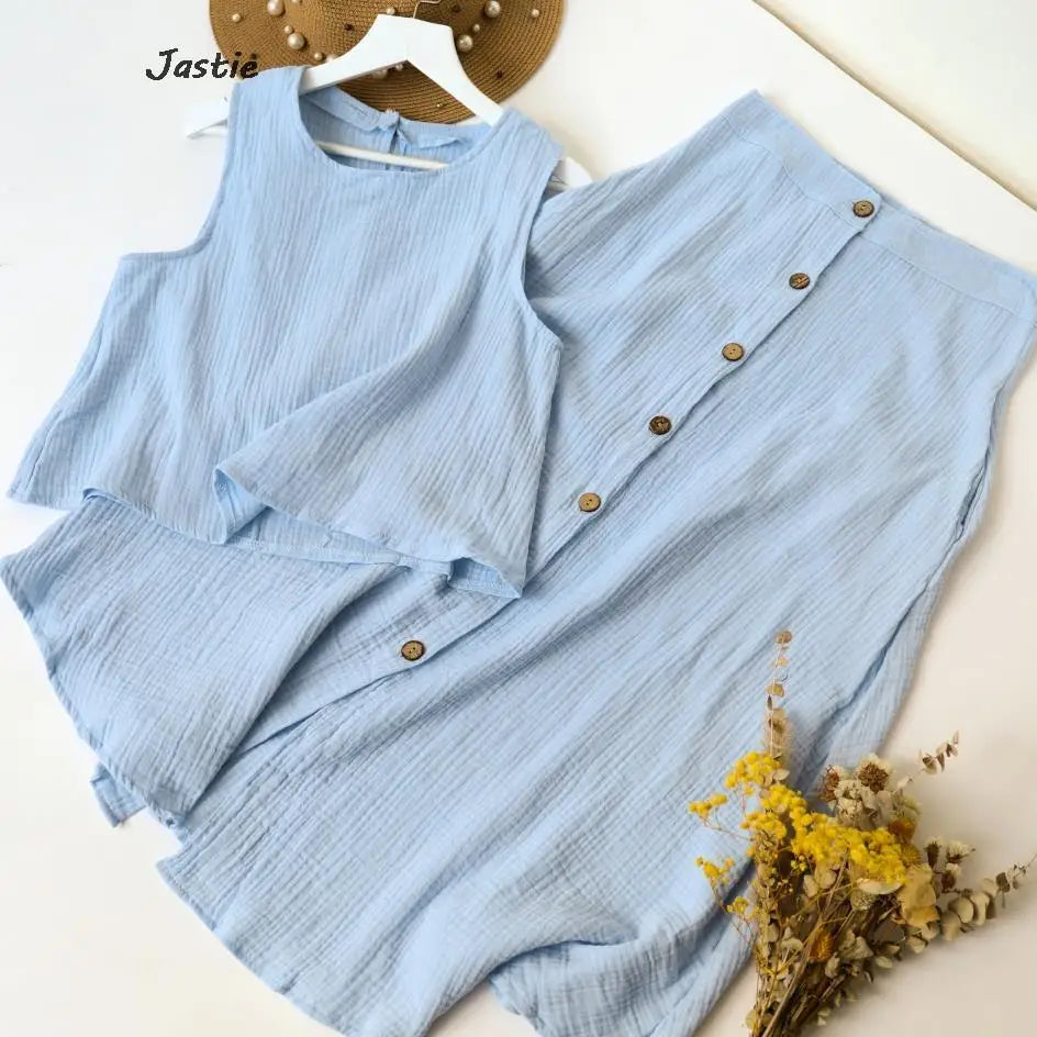 Summer Outfits For Women 2023 New Casual Cotton Linen Suit Loose Sleeveless Vest Single-breasted Skirt 2 Piece Set Women Outfit