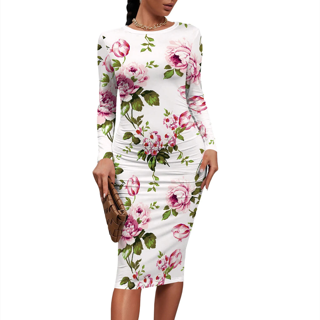 Women's Elegant Bodycon Basic Dress Ruched Sexy Bodycon Long Sleeve Crew Neck Midi Dress Work Office Pencil Dresses