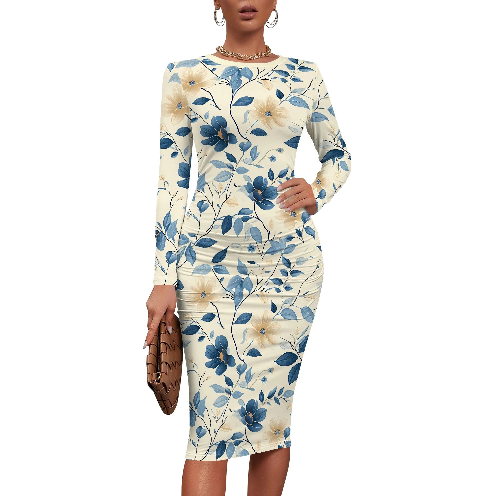Women's Elegant Bodycon Basic Dress Ruched Sexy Bodycon Long Sleeve Crew Neck Midi Dress Work Office Pencil Dresses