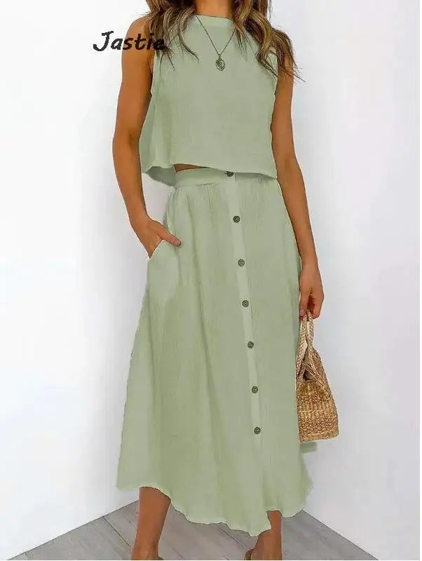 Summer Outfits For Women 2023 New Casual Cotton Linen Suit Loose Sleeveless Vest Single-breasted Skirt 2 Piece Set Women Outfit