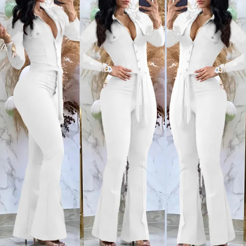 Women’s casual flared pants jumpsuit with high waist button-down design and belt in white