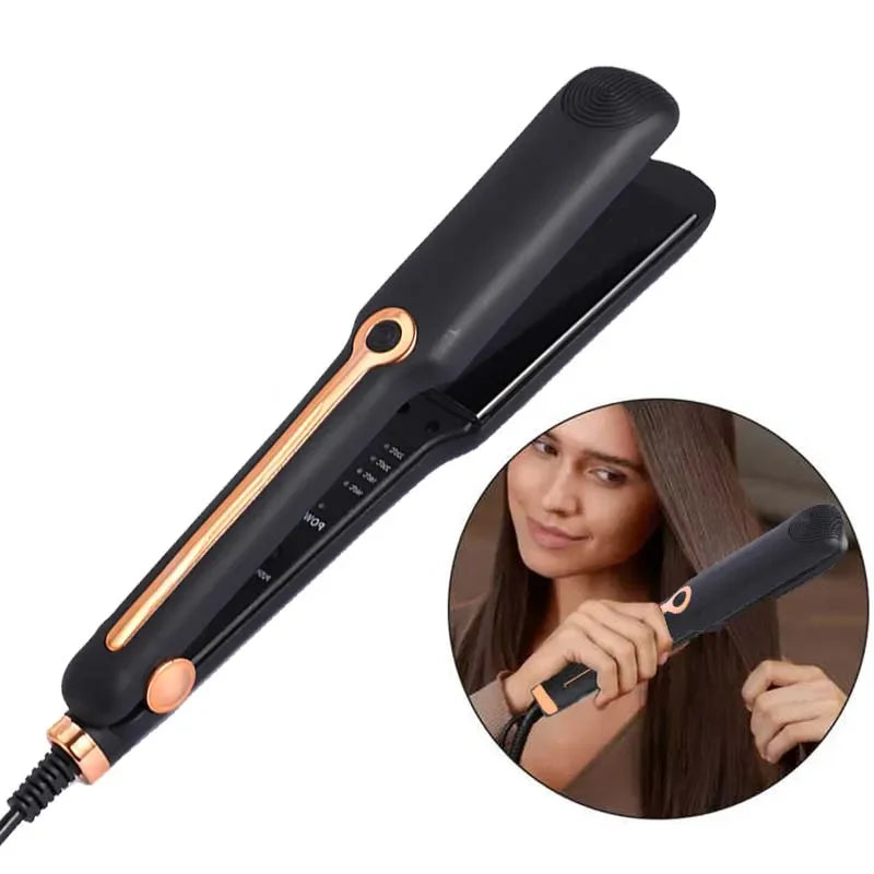 Professional ceramic hair straightener with adjustable temperature and wide tourmaline plates for smooth styling