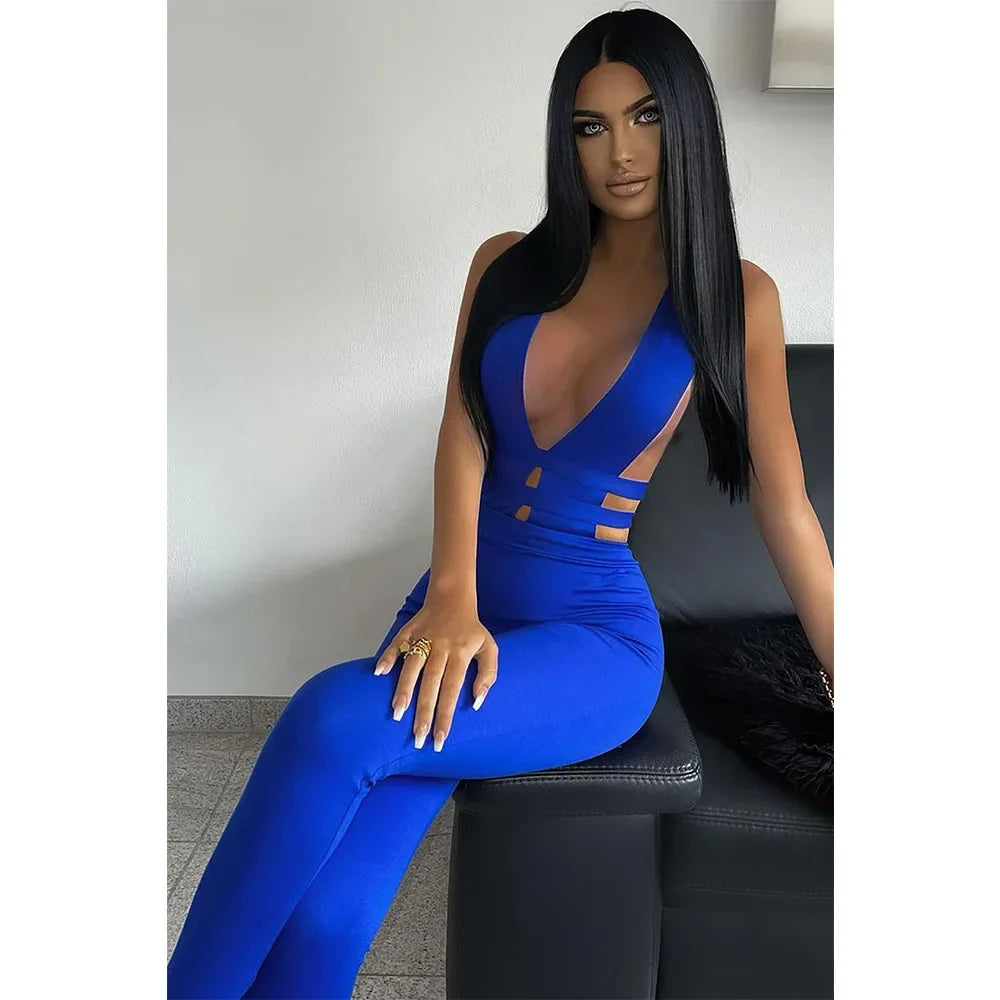 Women Sexy Jumpsuits Party Prom Nightclub V-neck Sleeveless Lady Solid Banquet Hollow New Splicing Tight Spring Summer Jumpsuit