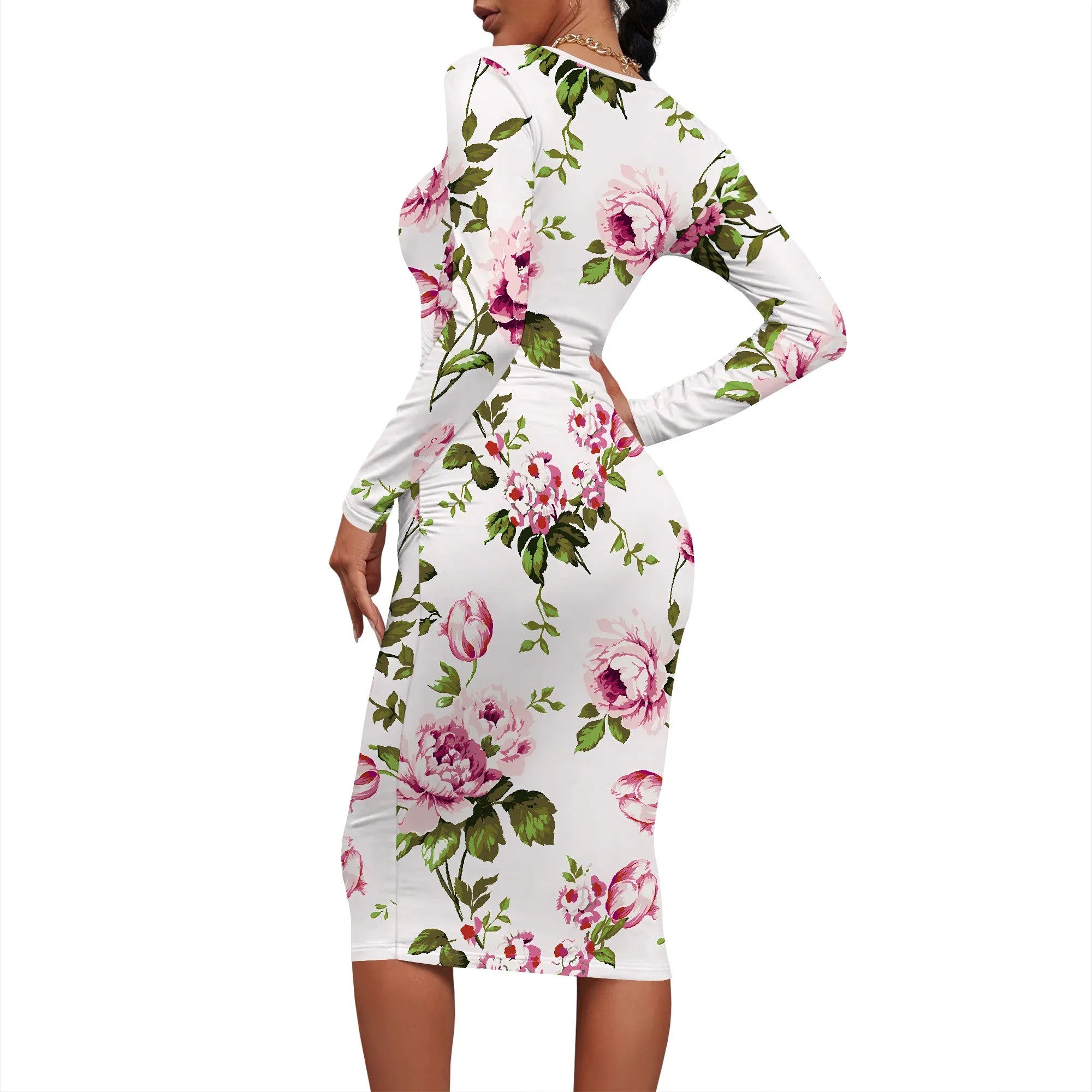 Women's Elegant Bodycon Basic Dress Ruched Sexy Bodycon Long Sleeve Crew Neck Midi Dress Work Office Pencil Dresses