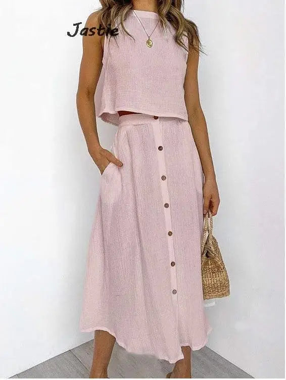 Summer Outfits For Women 2023 New Casual Cotton Linen Suit Loose Sleeveless Vest Single-breasted Skirt 2 Piece Set Women Outfit