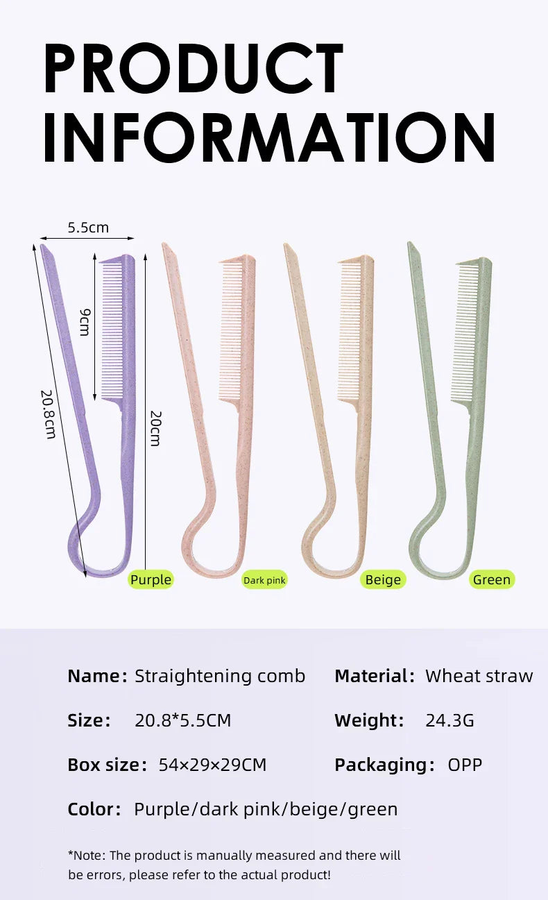 Wheat Straw V-shaped Flat Comb in purple, dark pink, beige, and green for hair straightening and salon use, lightweight and portable.
