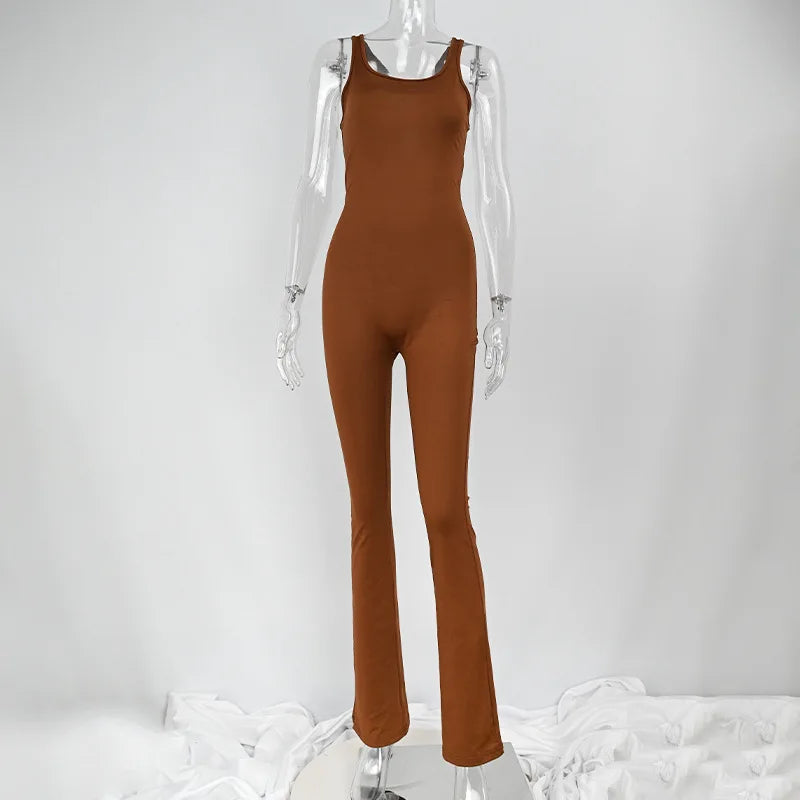 Brown sleeveless slim fit women’s sexy jumpsuit with flare pants and hollow out design