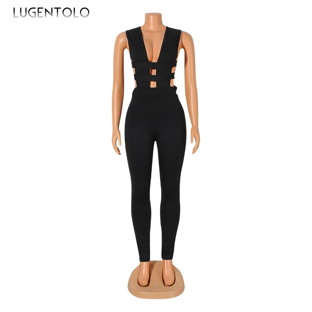 Women Sexy Jumpsuits Party Prom Nightclub V-neck Sleeveless Lady Solid Banquet Hollow New Splicing Tight Spring Summer Jumpsuit