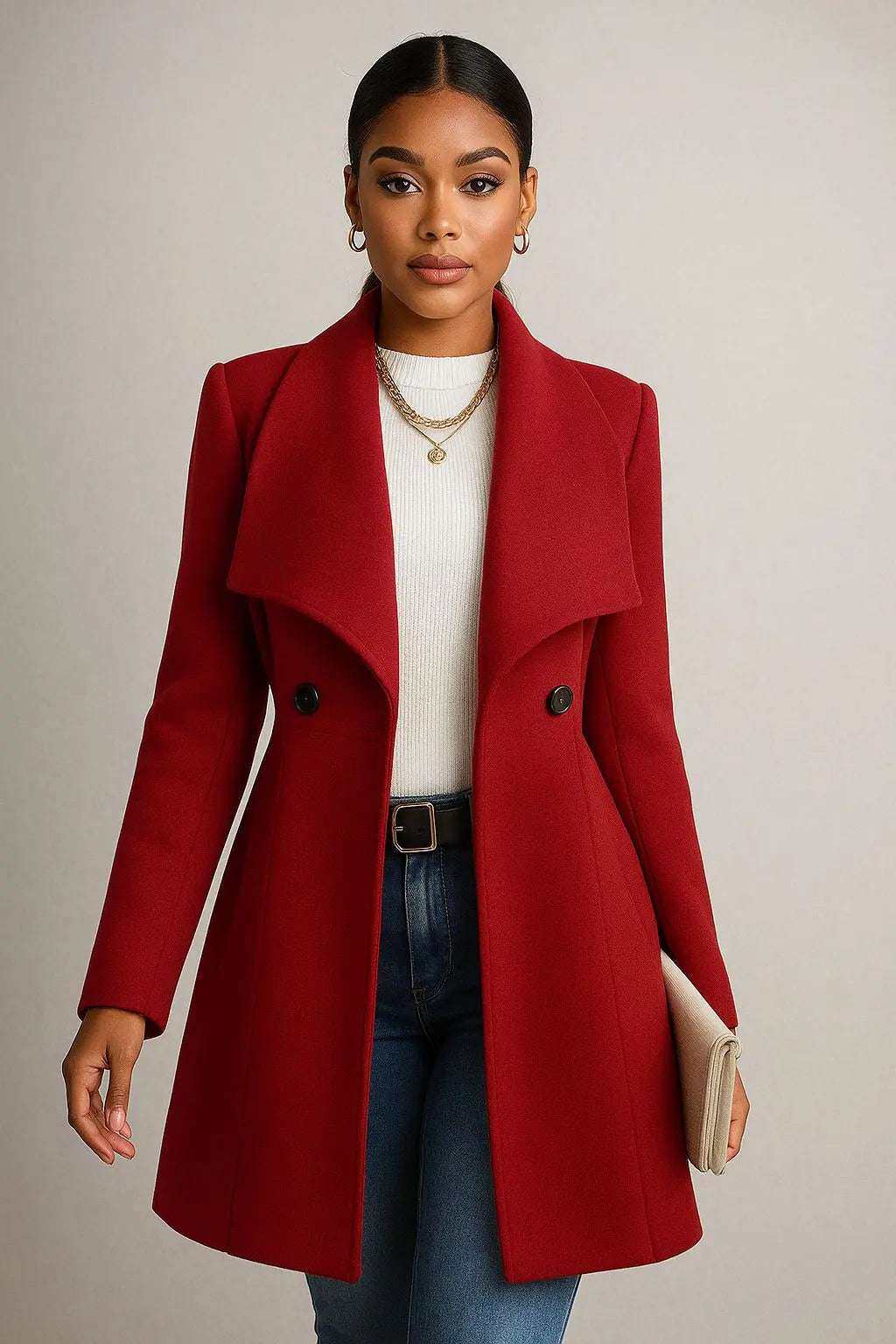 Elegant women's winter coat in red with double-breasted buttons, perfect for cold days.