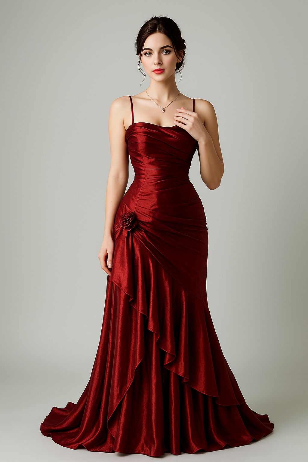 Elegant red satin dress with glossy finish, flattering silhouette and ruffled detail, perfect for special occasions
