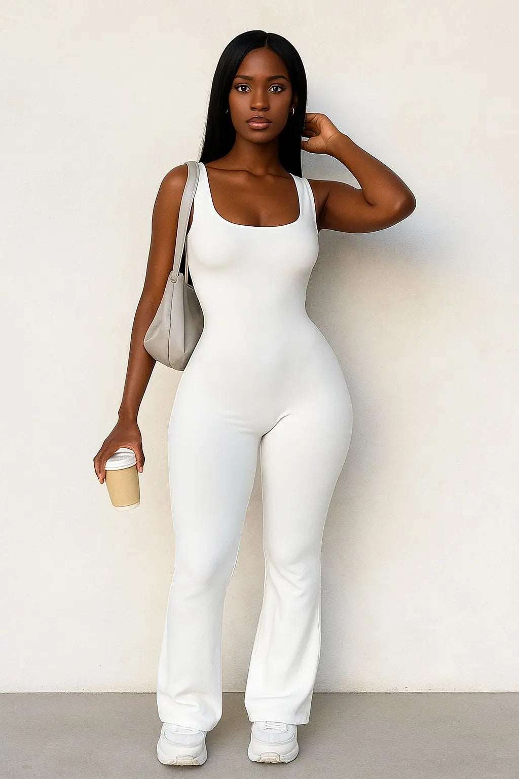 Woman wearing white Nova Night Out Jumpsuit holding coffee cup and handbag against plain background
