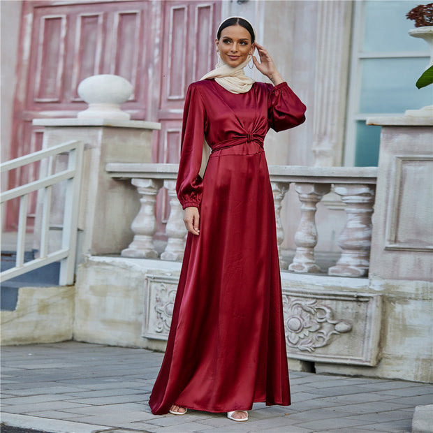 Elegant burgundy satin long-sleeve dress with high waist tie and A-line skirt for women