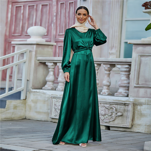 Elegant green satin long-sleeve high-waist A-line dress with waist tie for women