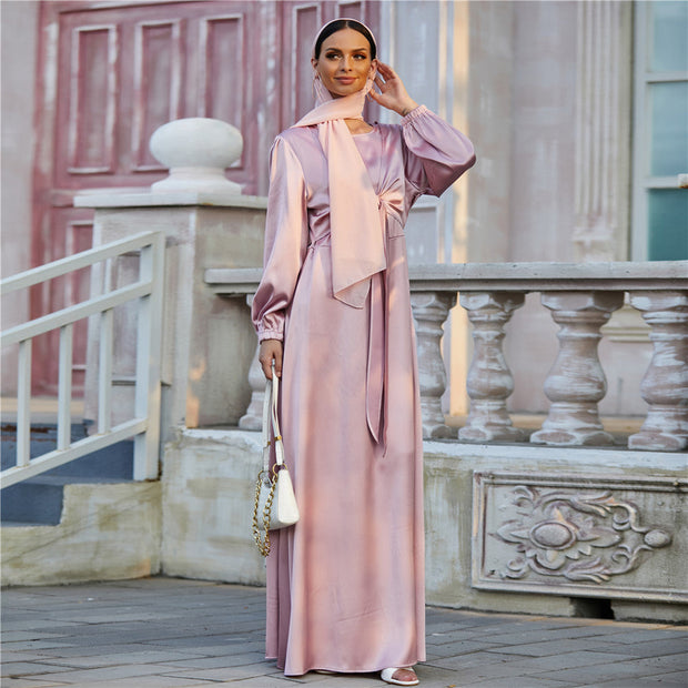 Elegant women's satin waist tie dress in pink with long sleeves and high waist design